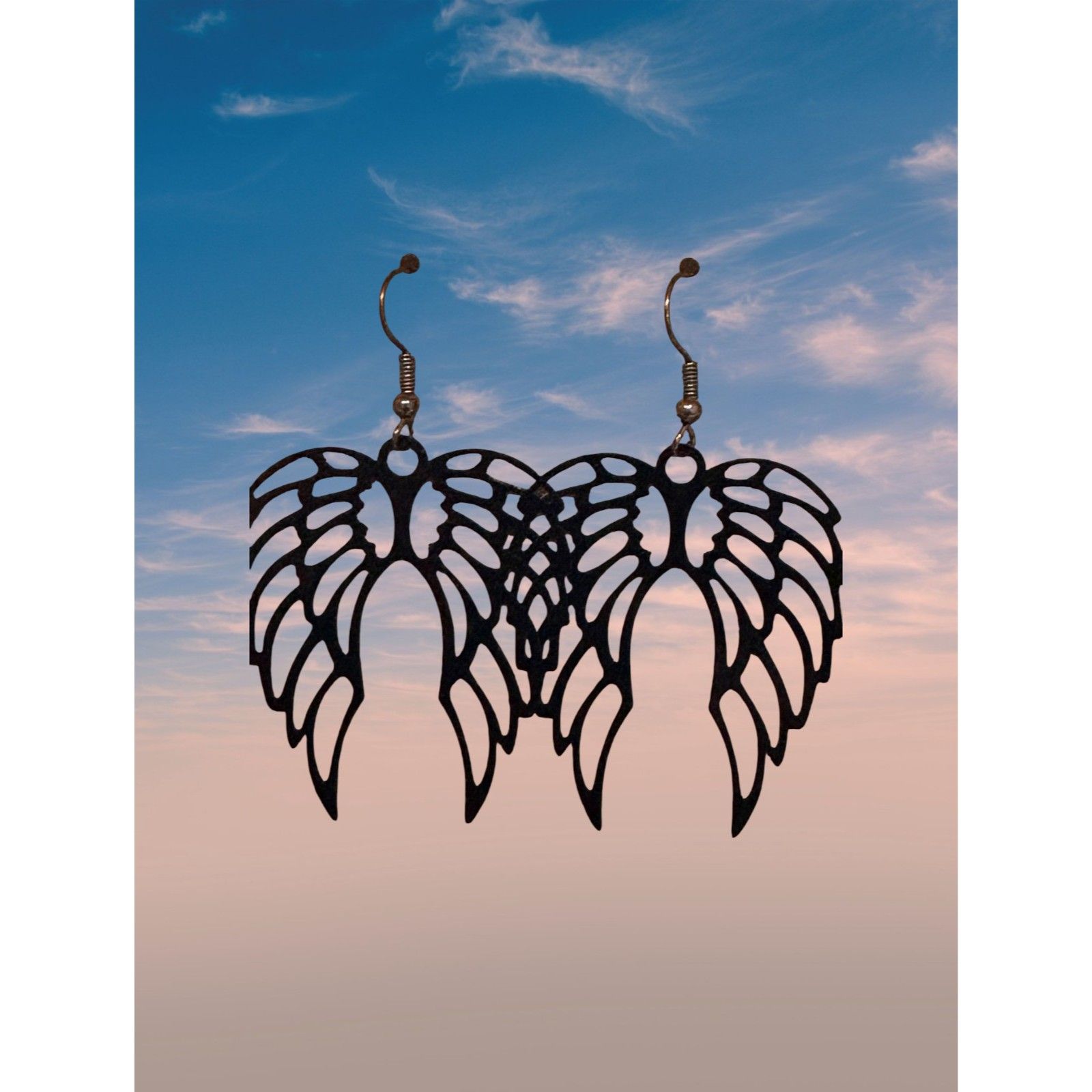 Black Angel Wings On Black Stainless Steel Earrings #2201
